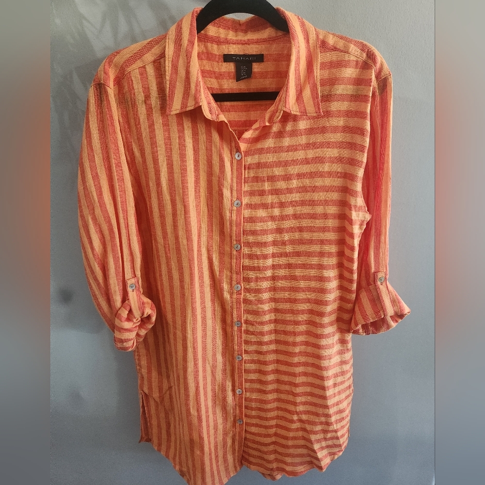 Tahari Button-down Linen Tunic